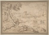 Landscape with an Old Woman Holding a Spindle, Domenico Campagnola (Italian, Venice (?) 1500–1564 Padua), Pen and brown ink