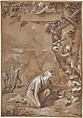 Design for a Frontispiece; Allegorical Composition with a Young Man Kneeling before a Tree, Giovanni Angelo Canini (Italian, Rome ca. 1609-17–1666 Rome), Pen and brown ink, brush and brown wash, highlighted with white, over black chalk, on brown-washed paper