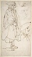 Man Smoking a Pipe (recto); Standing Man and Two Studies of His Head (verso), Canaletto (Giovanni Antonio Canal) (Italian, Venice 1697–1768 Venice), Pen and brown ink, over traces of lead or graphite (recto); vertical ruled line in lead or graphite at center, standing men and study of profile head in pen and brown ink, over traces of graphite or lead; study of head in graphite (verso)