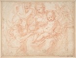 The Holy Family with Angels Bearing Symbols of the Passion, Simone Cantarini (Italian, Pesaro 1612–1648 Verona), Red chalk
