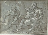 Adam and Eve after Their Expulsion with the Infants Cain and Abel, Giovanni Andrea Carlone (Italian, Genoa 1639–1697 Genoa), Pen and brown ink, brush and pale brown wash, highlighted with white, over black chalk; squared in black chalk