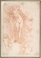 (R.)Figure Studies: Standing Nude Figure, Putti, and a Man's Head (V.) Figure Studies: A Flying and a Standing Man, Giulio Carpioni (Italian, Venice 1613–1678 Venice), Red chalk (recto and verso)