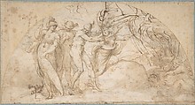Perseus Beheading Medusa (recto); Studies of a Child and Ornament Sketches (verso), Annibale Carracci (Italian, Bologna 1560–1609 Rome), Pen and brown ink, brush and brown wash, over black chalk or charcoal, scribbles in a darker brown ink at upper right (recto); pen and brown ink, brush and brown wash (verso)