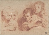Studies of a Boy and a Girl (recto) Studies of Legs (verso), Traditionally ascribed to Annibale Carracci (Italian, Bologna 1560–1609 Rome), Red chalk, highlighted with white chalk, on beige paper (recto); black and red chalk (verso)