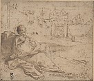 The Virgin and Child Resting Outside a City Gate, Annibale Carracci (Italian, Bologna 1560–1609 Rome), Pen and brown ink, brush with traces of brown wash, on light brown beige paper; traces of framing outlines in pen and brown ink