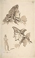 Sheet of Studies:  Two Male Heads in Profile and Standing Man, Jean-Baptiste Isabey (French, Nancy 1767–1855 Paris), Brush and brown wash