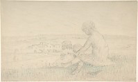 Children Seated on a Hillside with a Racquet, Charles-Emmanuel Serret French, Black chalk and pastel