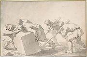 Five Men Pushing a Block of Stone, Jacques Stella (French, Lyons 1596–1657 Paris), Pen and brown ink, brush and gray wash, over traces of black chalk