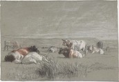 Cows in a Landscape, Constant Troyon (French, Sèvres 1810–1865 Paris), Black, white, and red chalk, on blue-green paper