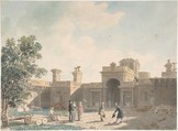 The Entrance Portico of the Château d'Anet, seen from the interior of the courtyard, Jean Lubin Vauzelle (French, Angerville-la-Gâte, 1776–1837), Pen and black ink, watercolor, over black chalk