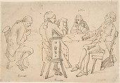 Four Artists seated at a table (Brunet, Potier, Tiercetin [?], Vernet), Attributed to Carle (Antoine Charles Horace) Vernet (French, Bordeaux 1758–1836 Paris), Pen and brown ink, brush and gray wash