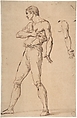 Standing Man with His Right Hand on His Chest, François André Vincent (French, Paris 1746–1816 Paris), Pen and brown ink, brush and brown wash, over red chalk on tan paper. Traces of squaring in graphite and red chalk.