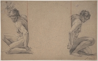 Two Crouching Nude Male Figures, Simon Vouet (French, Paris 1590–1649 Paris), Black chalk heightened with white on beige paper; two vertical ruled lines in red chalk, center