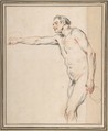 Study of a Nude Man Holding Bottles, Antoine Watteau (French, Valenciennes 1684–1721 Nogent-sur-Marne), Black, red, and white chalk.