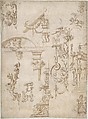 Ornamental sketches with a Griffin and Architectural Elements, Anonymous, French, 16th century, Pen and brown ink, brush and brown wash over black chalk