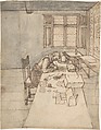 Interior with a Man Writing on a Long Table, Anonymous, French, 16th century, Pen and brown ink, brush and gray and brown wash, over faint sketch in graphite