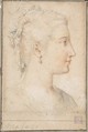 Head of a Woman in Profile, Anonymous, French, 16th century, Black and red chalk, framing lines in pen and black ink