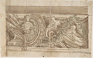 Design for Part of a Decorated Cornice, Anonymous, French, 17th century, Pen and brown ink, brush and brown wash