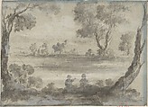River Scene, Anonymous, French, 17th century, Black chalk, brush and black and white wash on blue-gray paper