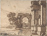 Landscape with Classical Architecture by a Lake, Anonymous, French, 17th century, Pen and brown ink, brush and brown wash and a little gray wash, traces of graphite, heightened with white gouache