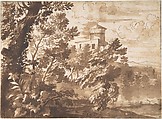 Wooded Landscape with a Tower, Anonymous, French, 17th century, Pen and brown ink, brush and brown wash, over traces of graphite.  Framing lines in graphite.