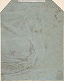 A Seated Apostle (recto); Drapery Study (verso), Anonymous, French, 18th century, Black chalk on blue paper