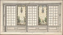 Design for a Windowed Wall with Decorative Panels, Anonymous, French, 18th century, Pen and black ink, brush and gray wash, watercolor, over graphite