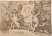 Allegory of Painting with Putti, Anonymous, French, 18th century, Pen and brown ink, brown and gray wash over black chalk; verso:  faint black chalk sketches