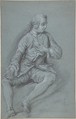 Young Man Seated on the ground with his left hand at his chest, Anonymous, French, 18th century, Black chalk, heightened with white chalk on blue paper