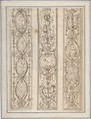 Design for Three Upright Panels of Ornament Arabesques, Anonymous, French, 18th century, Pen and brown ink