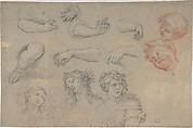 Studies of Heads and Hands, Anonymous, French, 17th century, Black and red chalk
