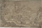 Landscape, Anonymous, French, 17th century, Pen and brown ink touched with Chinese white on tinted paper