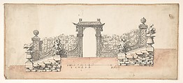 Design for Stairs in a Garden, Ligned with Trelliswork and a Chinese-inspired Gate, Anonymous, French, 18th century, Pen and gray ink, brush and gray and brown wash
