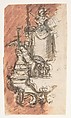 Design for a sepulchral monument with a portrait bust; verso: Design for a reliquary (?), Pieter Verbruggen the Younger (Flemish, Antwerp 1648–1691 Antwerp), Pen and brown ink, red chalk, brown and red wash, over black chalk or graphite; verso: black chalk or graphite
