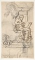 Design for a sepulchral monument with a seated prophet or philosopher; verso: Sketches, Pieter Verbruggen the Younger (Flemish, Antwerp 1648–1691 Antwerp), Pen and brown ink, over black chalk; verso: black chalk