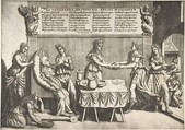 Venerable Idleness, Queen of Cockaigne; a fat woman seated on a movable toilet chair being waited on and fed by seven women, Nicolò Nelli (Italian, active Venice, ca. 1552–79), Engraving