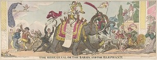 The Rehearsal or the Baron and the Elephant, George Cruikshank British, Hand-colored etching