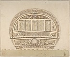 Design for Stem of a Ship, Anonymous, French, 18th century, Pen and brown ink, brush and brown wash, watercolor, and graphite; on verso, graphite.  Framing lines in pen and brown ink.