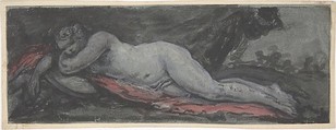 Reclining Nude, Anonymous, French, 18th century, Black, white, and red tempera on blue paper