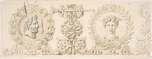 Classical Frieze with Head of Demosthenes, Anonymous, French, 18th century, Graphite, brush and brown and gray wash