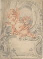 Cupid posed in an Ornamental Cartouche, Anonymous, French, 18th century, Red chalk and graphite