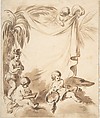 Allegories of America, Asia, and Europe, Anonymous, French, 18th century, Brush and brown wash