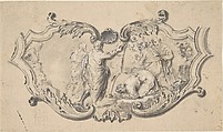 Cartouche with Moses Striking the Rock, Anonymous, French, 18th century, Pen and black ink, brush and gray wash, heightened with white