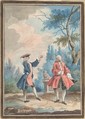 Two dancing male figures in a landscape, Anonymous, French, 18th century, Gouache; framing lines in pen and brown ink