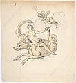 Ceiling Design of a Nereid Mounted on a Hippocamp with Putto, Anonymous, French, 18th century French, Graphite, pen and black ink, brush and brown and gray wash; framing lines in graphite