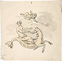 Ceiling Design of a Nereid Mounted on a Hippocamp with Putto, Anonymous, French, 18th century French, Graphite, pen and black ink, brush and brown and gray wash; framing lines in graphite