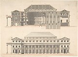 Designs for a Theatre, Anonymous, French, 18th century, Pen and black ink, brush and rose wash over graphite