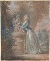 Lady in a garden, Anonymous, French, 18th century, Gouache on cardboard