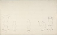 Design for Four Vases and a Teapot, Anonymous, French, 18th century, Pen and brown ink, and black chalk