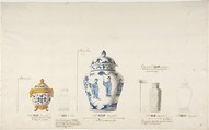 Design for Five Vases, Anonymous, French, 18th century, Pen and gray and brown ink, watercolor, and black chalk